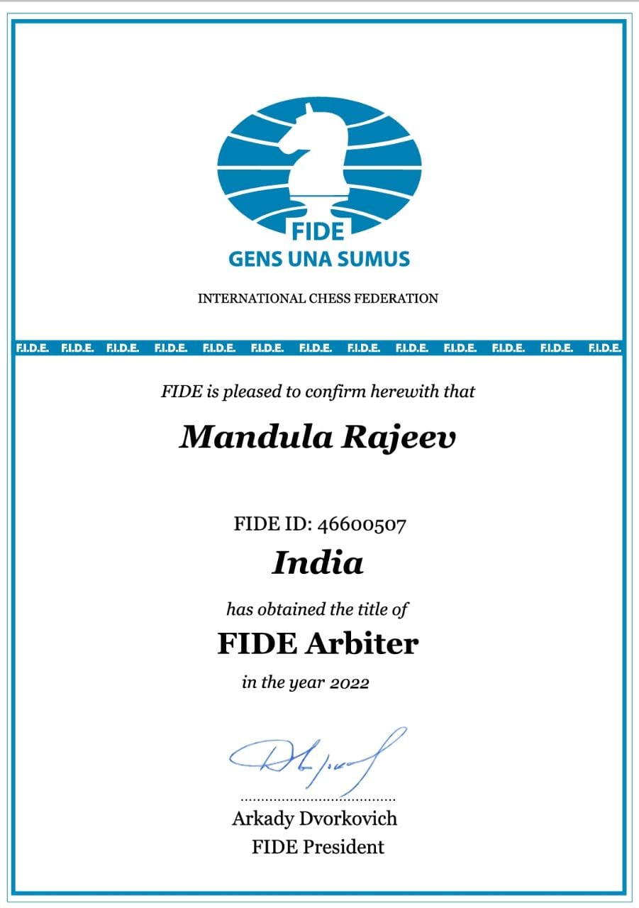 Mandula Rajeev FIDE Arbiter Certificate